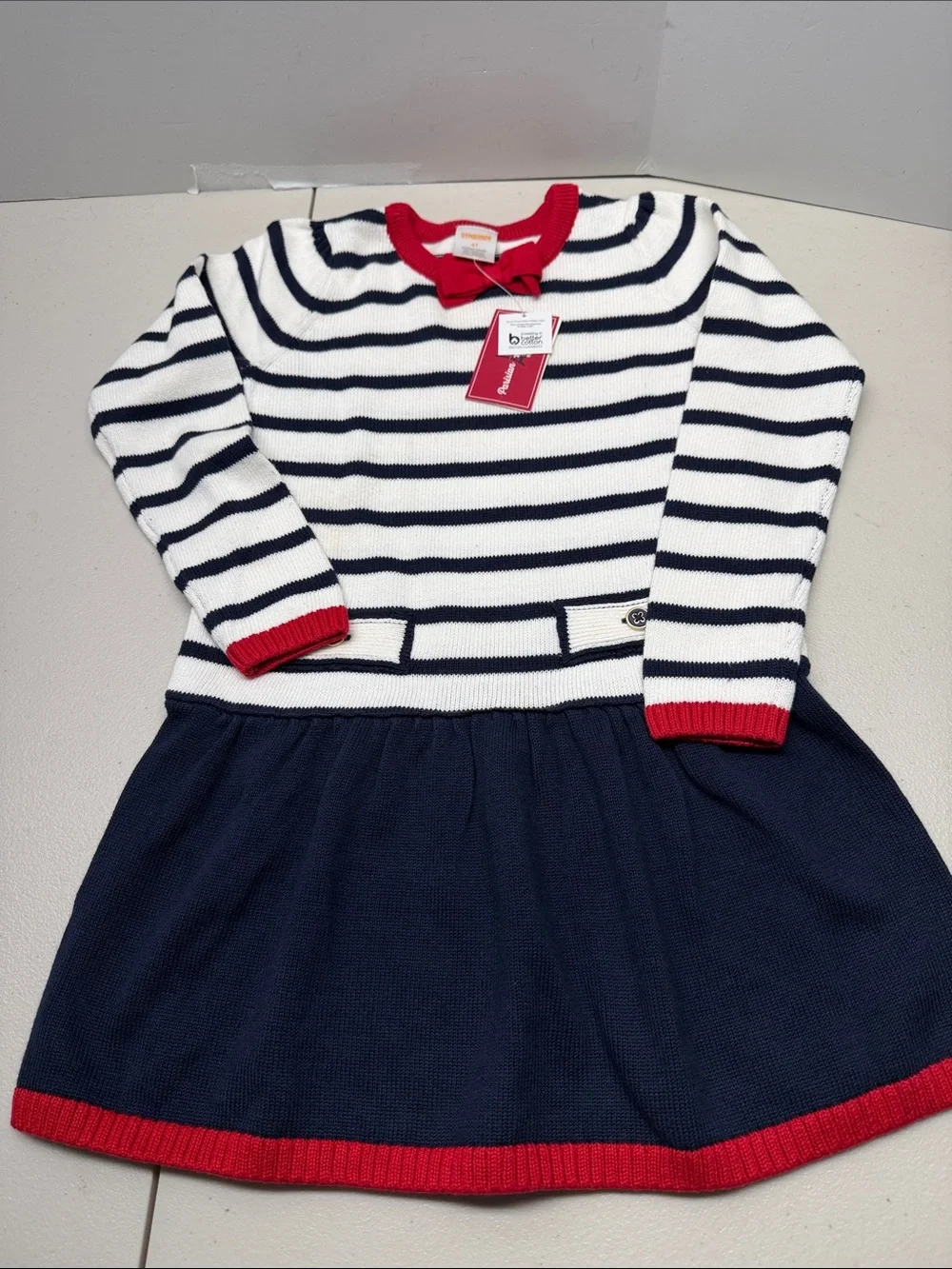 Gymboree Navy, White & Red Striped Knit Dress with Bow